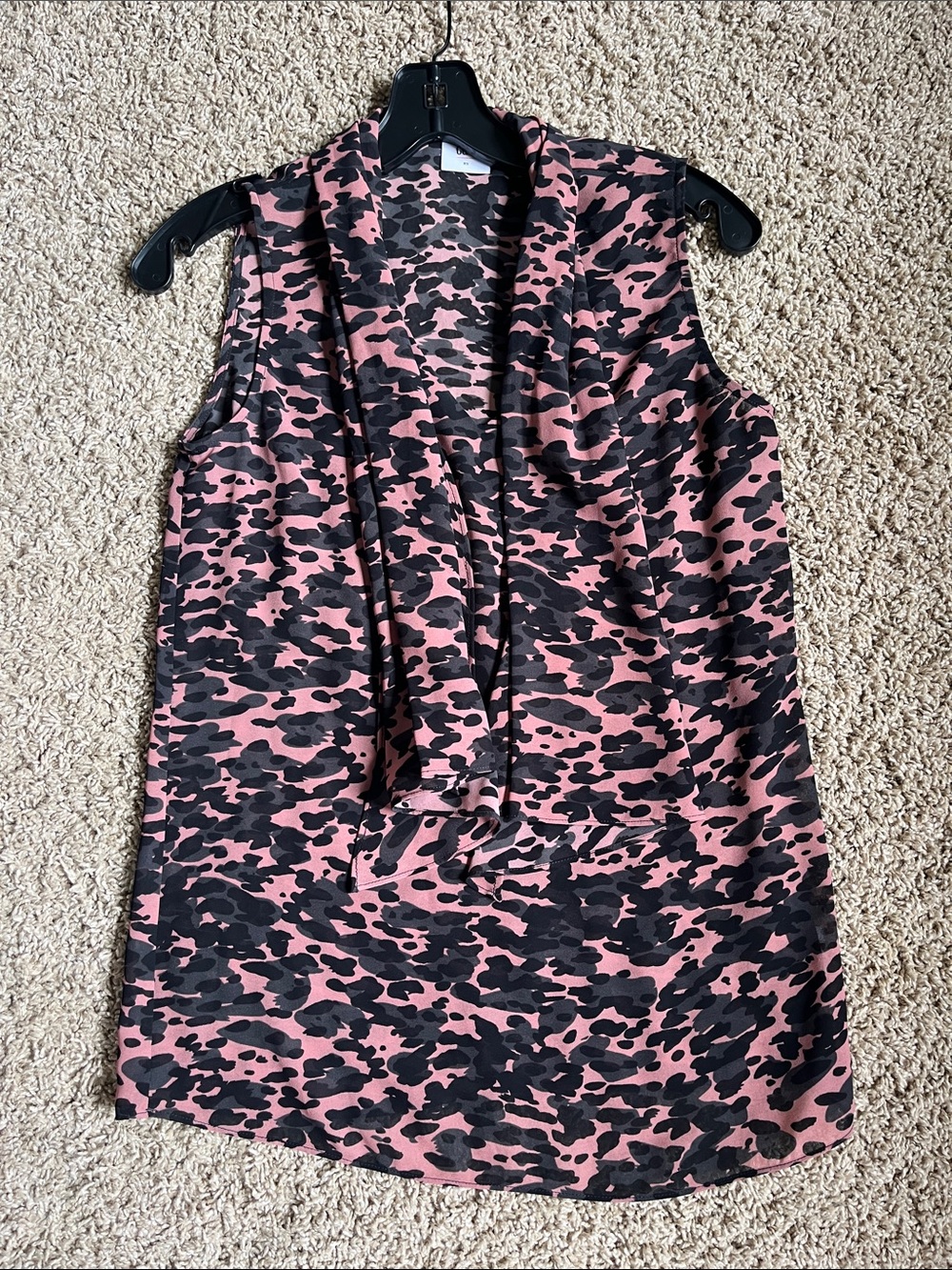 CAbi Pink and Black Animal Print Tie-Neck Sleeveless Top